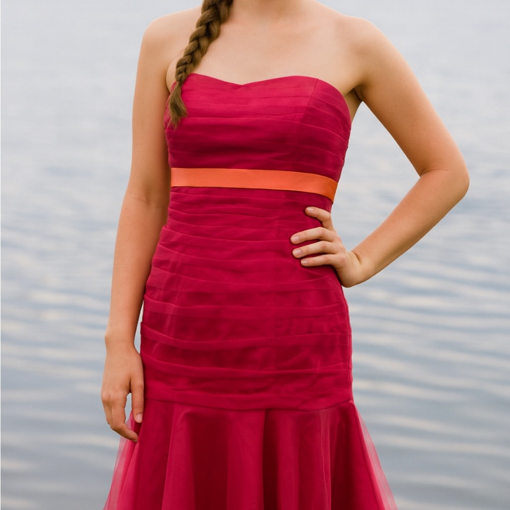 B2 Strapless tulle Pink Dress with Orange Accent. 90s